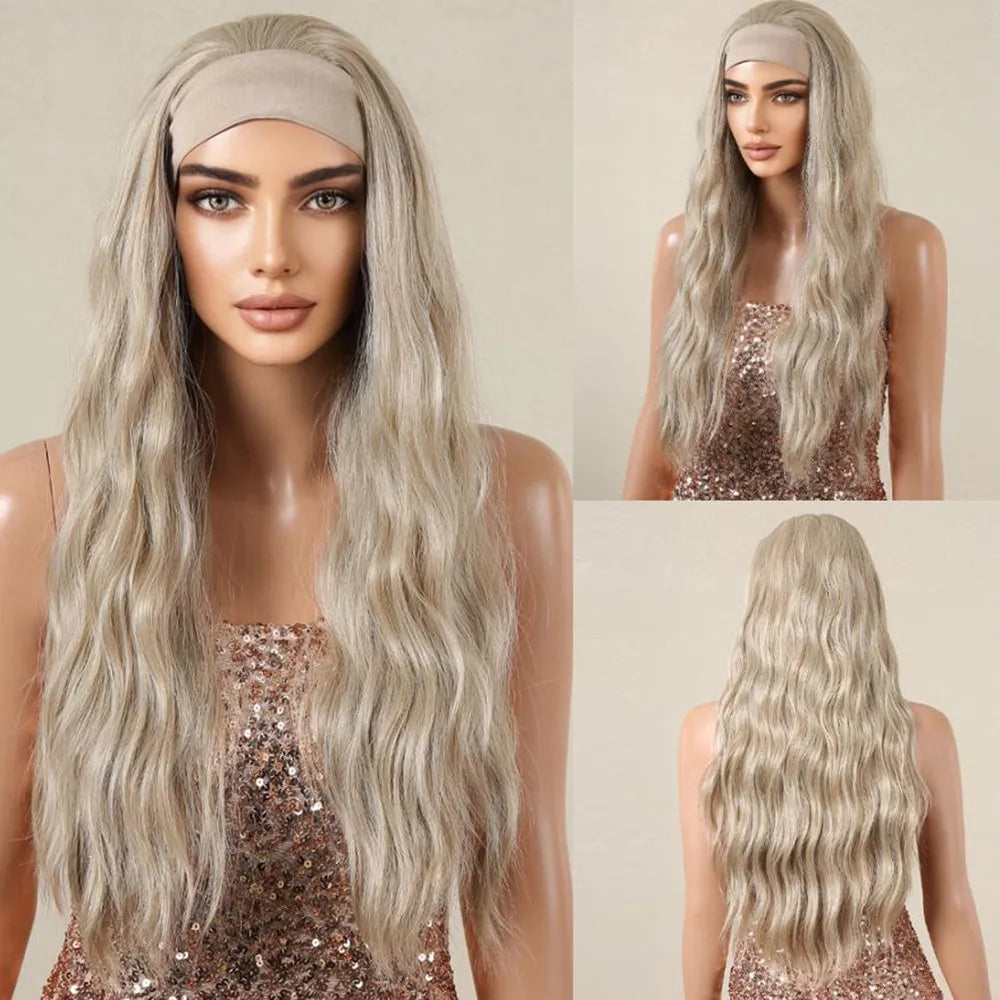ALAN EATON Long Blonde Synthetic Headband Wig Ombre Blonde Straight Hair Wigs Natural Looking Heat Resistant Fiber for Daily Use
