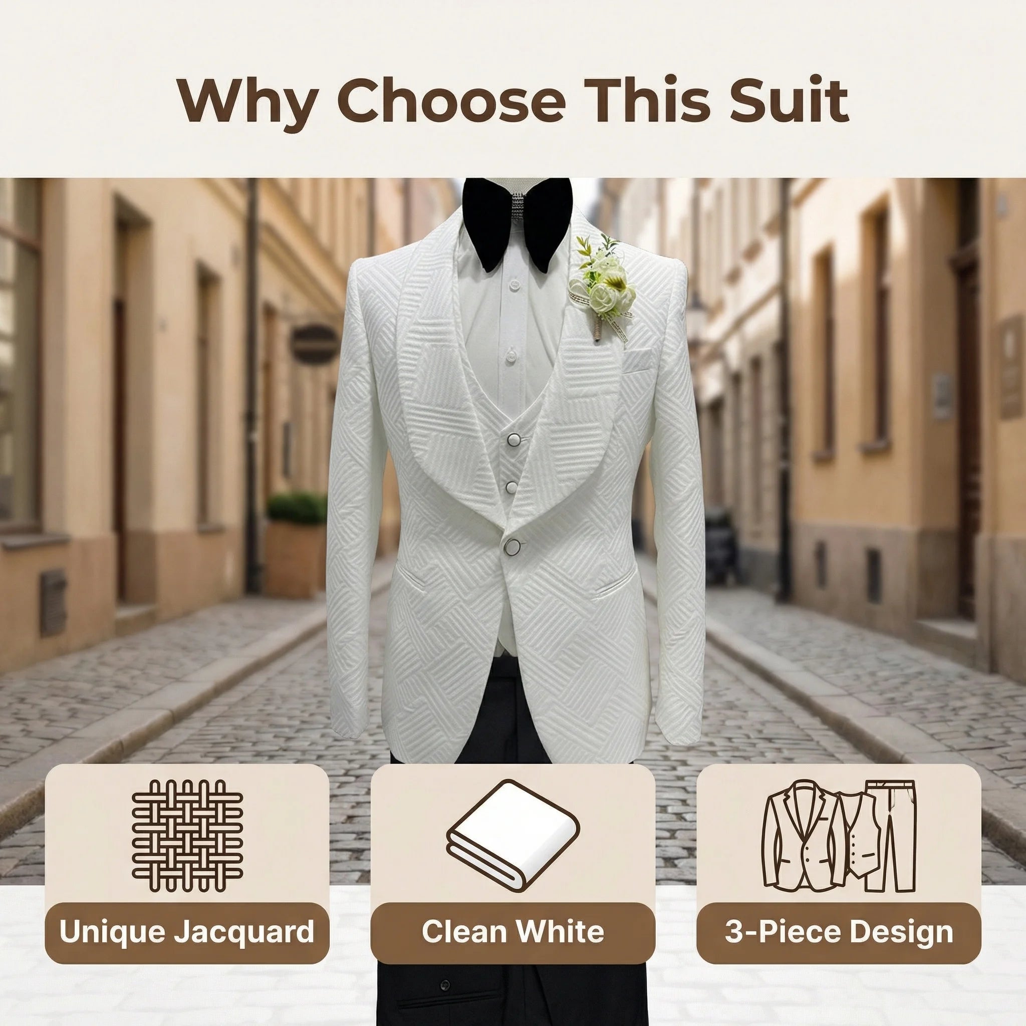 24H Ship High Quality Wedding Suit Set for Groom 3 Pieces Men's Fashion Suits One Button Shawl Neck Blazer Jacket Vest Pants Secondary image