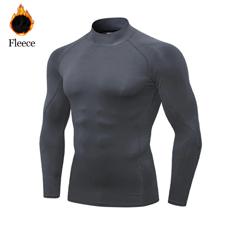 Winter Fleece Sports Shirt Men High Neck Compression Shirt Long Sleeved Training Top High Stretch Undershirt