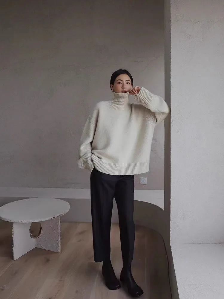 2024 Autumn and Winter New Thick Cashmere Sweater Women High Neck Pullover Sweater Warm Loose Knitted Base Sweater Jacket Tops
