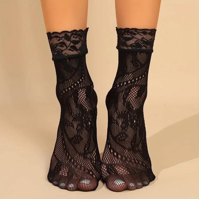 5 Pairs Floral Lace Socks Thin Breathable Short Socks Summer Mesh Lolita Fishing Net Women's Stockings Hosiery