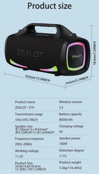 ZEALOT S79 Bluetooth Speaker 100W Portable Subwoofer HiFi Dual Pair Fast Charge 24000mAh Battery