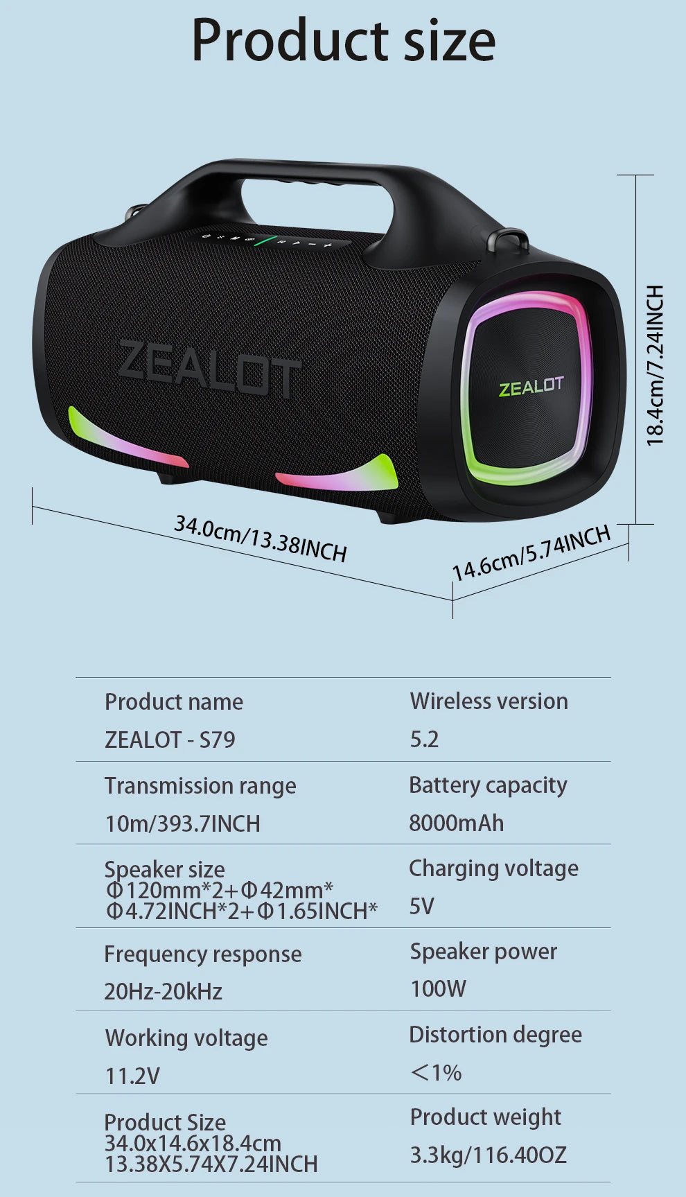 ZEALOT S79 Bluetooth Speaker 100W Portable Subwoofer HiFi Dual Pair Fast Charge 24000mAh Battery