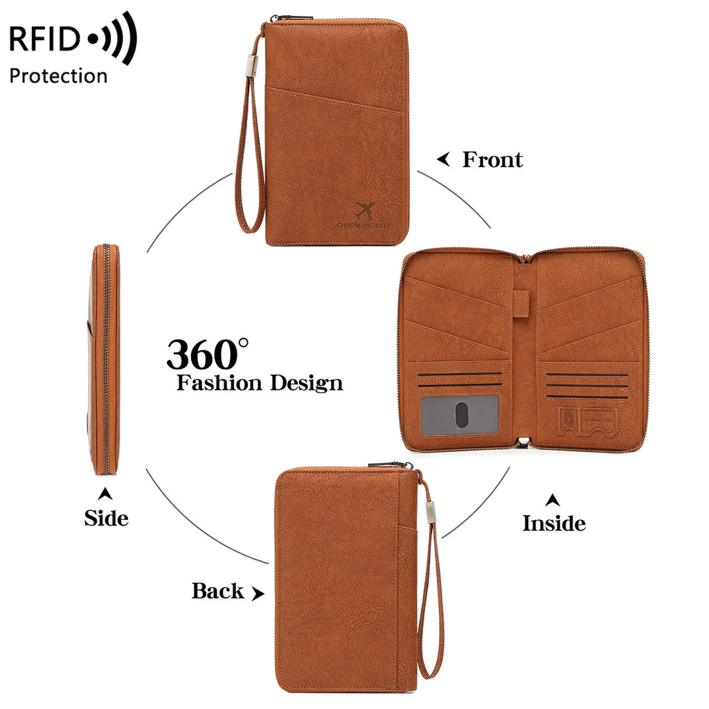 Multi-Functional RFID Blocking Passport Bag Travel Document Holder with Long Zipper Ticket Storage Wallet for Multiple Passports