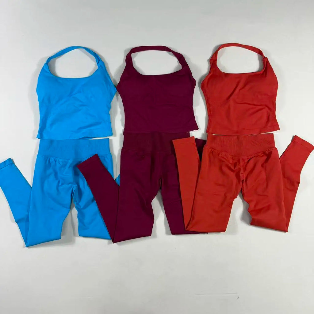 NO LOGO Yoga outfit sports Impact gym set Halter Top and leggings pant sets Backless halterneck High stretch sportswear