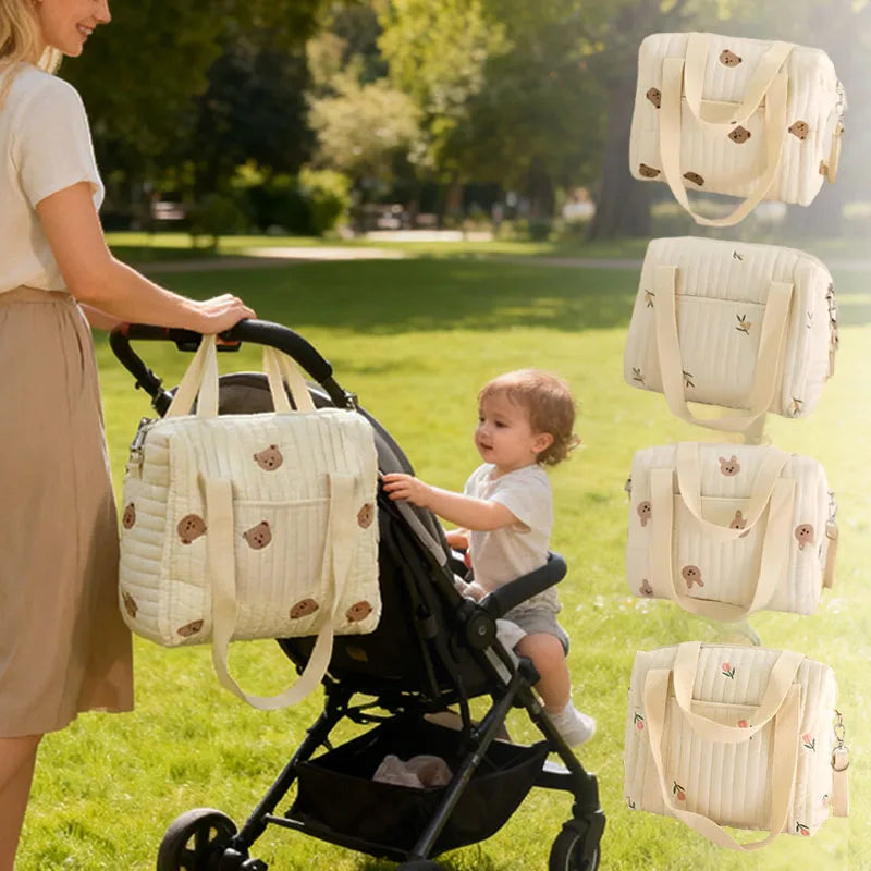 Cute Bear Baby Stroller Nappy Bag Korea Embroidery Cotton Mommy Bag Soft Maternity Shoulder Pack Portable Baby Diaper Organizer Main image