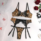Sexy Pink Leopard Printed Bra Gloves Leg Socks Lingerie Set Women's Perspective Comfortable Mesh Exotic Apparel Underwear Suit