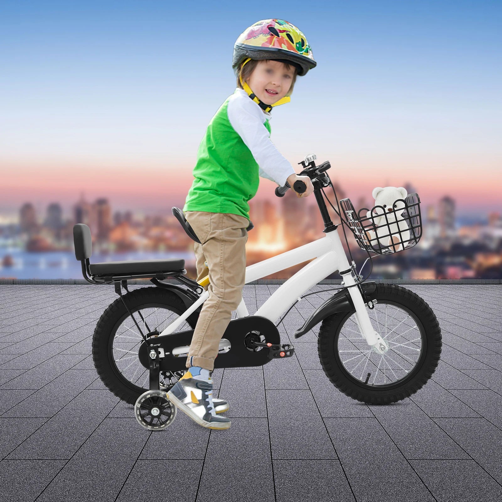 14" Kids Bike Adjustable Children's Bicycle Load 60kg w/Training Wheels+Basket+Backrest Rear Seat for 3-7 Year Old (White/Black)