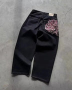 Vintage Low Waist Hip Hop Cherry Blossom Embroidered Jeans  Wide Leg Trousers Y2K Clothes Mens Womes Embroidered Baggy Jeans