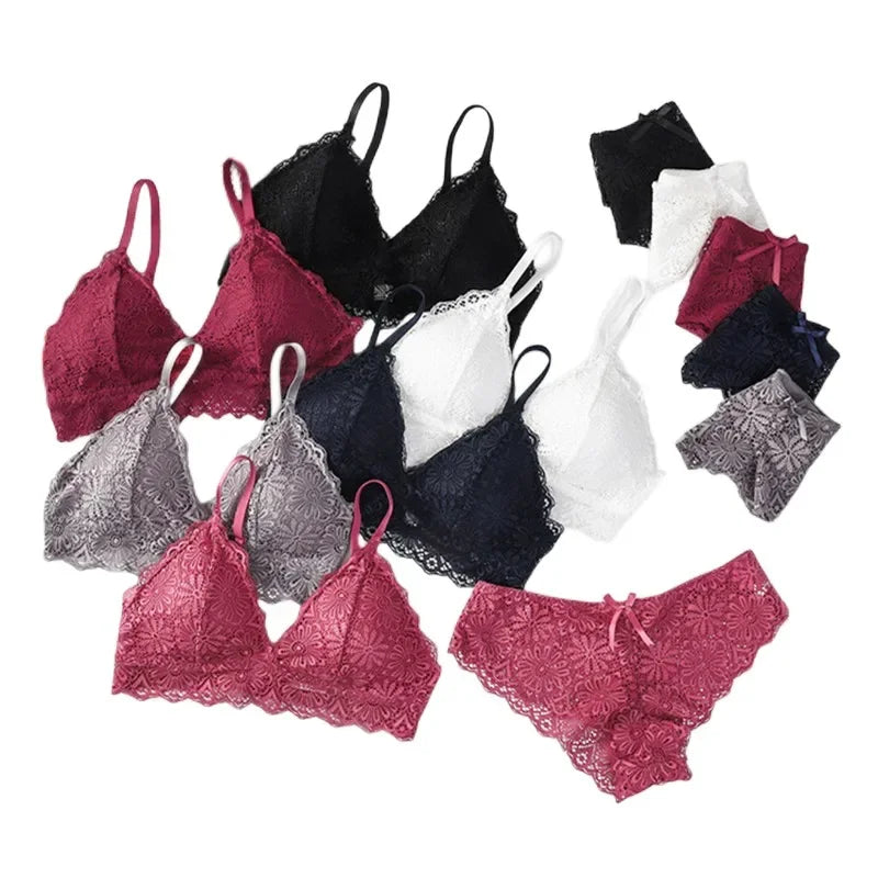 Women Push-Up Bra Set Sexy Lingerie Floral Lace Wire Free Bralette Low Rise Panties Sexy Briefs Female Underwear Intimates