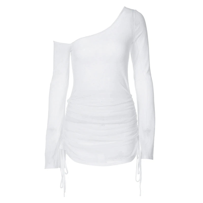 Solid Skew Collar Ruched Straps Lace-Up See Through Draw String Mini Dress 2025 Summer  Women Party Clubwear Wholesale