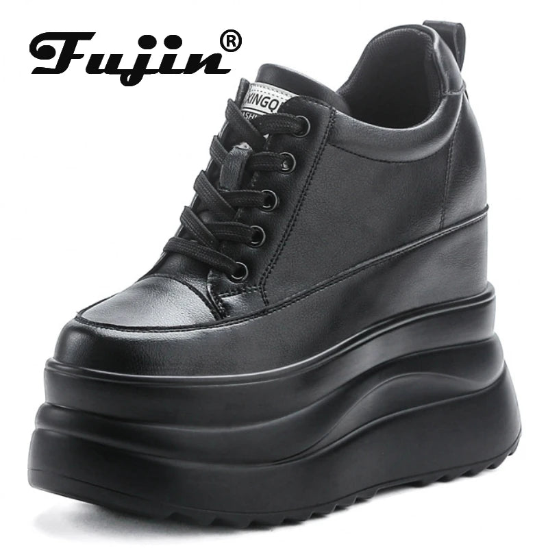 Fujin 13cm 2025 Genuine Leather Platform Wedge Flats Shoes Chunky Sneaker Casual Comfy High Brand Fall Autumn Walking Shoes
