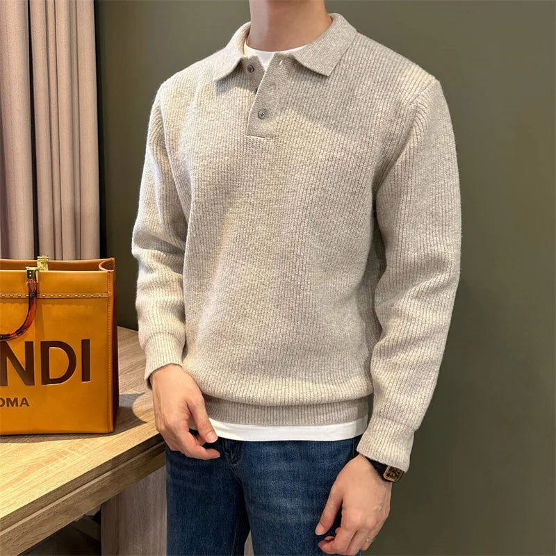 Winter Men's Solid Color Polo Neck Knitted Sweaters Casual Retro Warm Pullovers Knitwear Elegant Y2K Streetwear Jersey Hombre