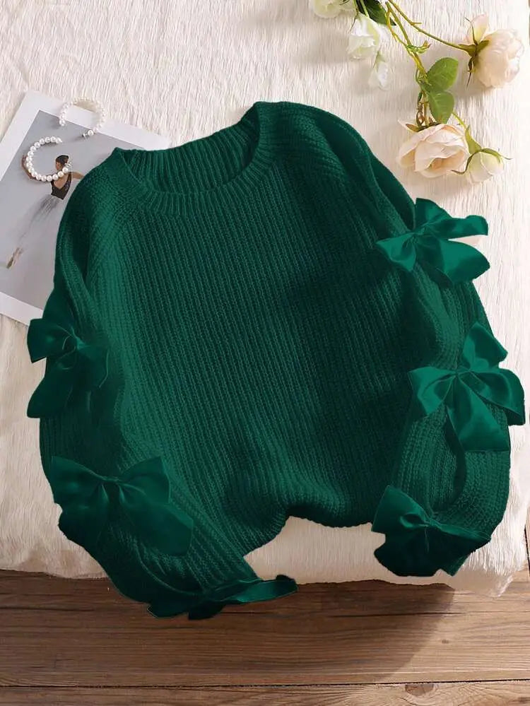 Fashionable bow details hollowed out raglan sleeves knit sweater round neck minimalist sweater