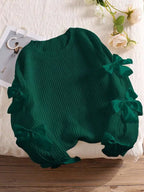 Fashionable bow details hollowed out raglan sleeves knit sweater round neck minimalist sweater