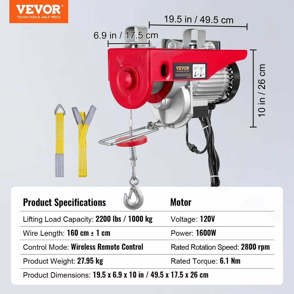VEVOR 1320/1760/2200 lbs Electric Cable Hoist Winch with Wireless Remote Control & Emergency Stop for Garage Warehouse Lifting