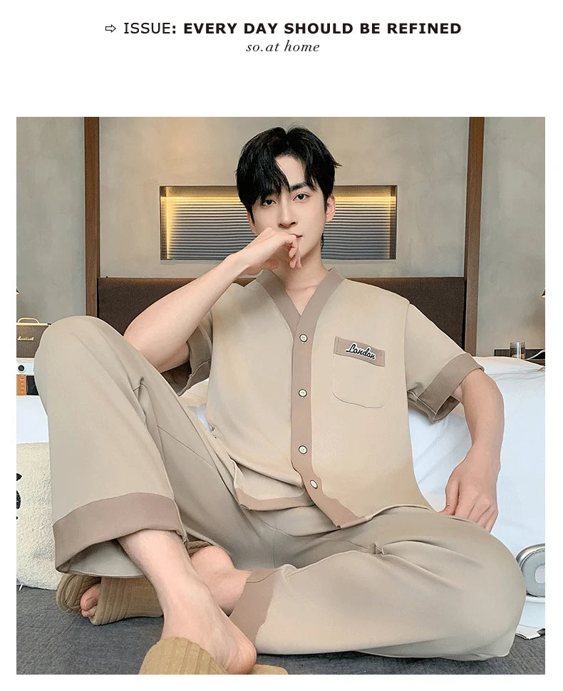 Men's Japanese Kimono Casual Fashion Solid Color Cardigan Loose Summer Short-Sleeved Pajamas with long pants Home Comfort Wear