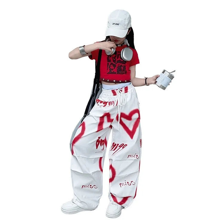 2026 summer spring teens tracksuit Girls cloth heart graffiti 1pc t-shirt top or long wide leg pant Kid 4 6 7 8 9 10 12 14 year