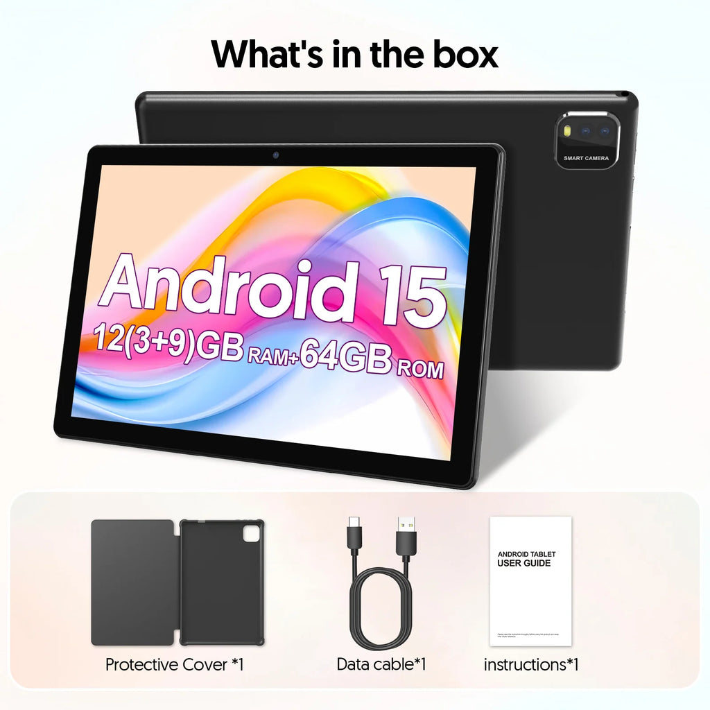 Latest Global Version Android 15 Tablet, 10-inch Tablet, Quad-core Processor, 1280*800 Resolution, 12 (3+9) GB RAM, 64GB Storage