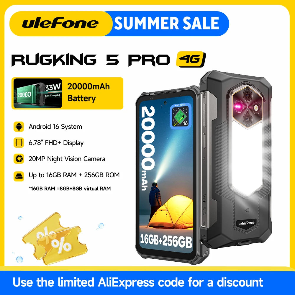 Ulefone RugKing 5 Pro 20000mAh Rugged Phone Android 16 16GB+256GB IP68/IP69K Waterproof Smartphone 6.78 FHD+ Night Camera 4G Main image