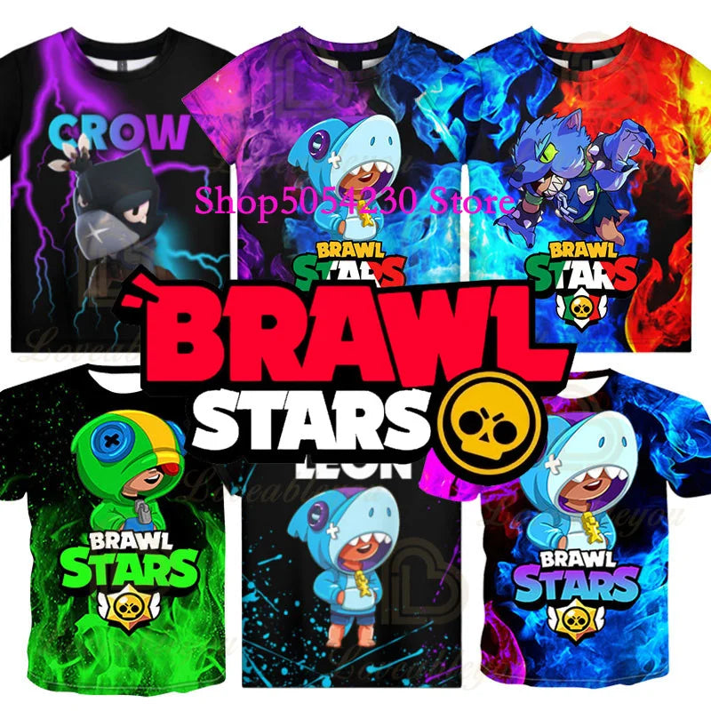 Boys Summer T-shirt Tees Brawl-Stars Anime Figures Leon Cartoon Characters Kids Cosplay Costumes Crow T Shirt Christmas Gifts