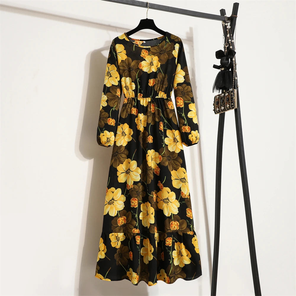 Spring Summer Women Maxi Dresses Casual Full Sleeve Floral Printed O-neck Woman Bohe Beach Party Long Dress Mujer Vestidos