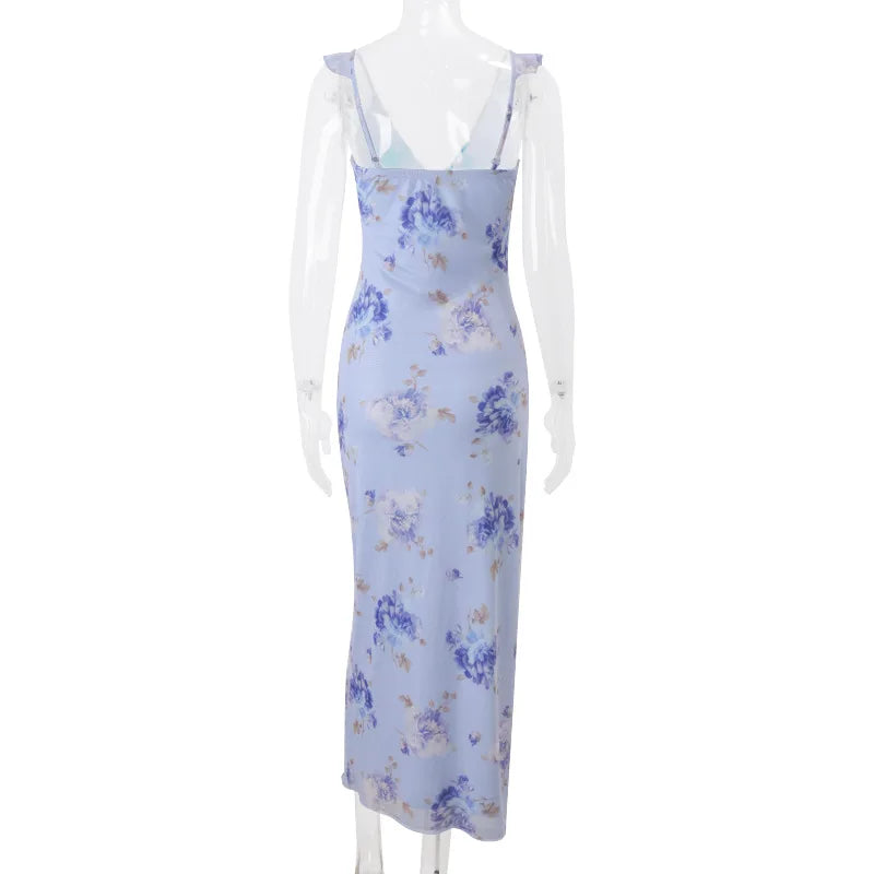 Cryptographic Summer Floral Print Plunge Maxi Dress Outfits Sexy Backless Fairy Sun Dresses Vacation Beachwear Vestido Coquette