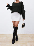 Fashionable bow details hollowed out raglan sleeves knit sweater round neck minimalist sweater