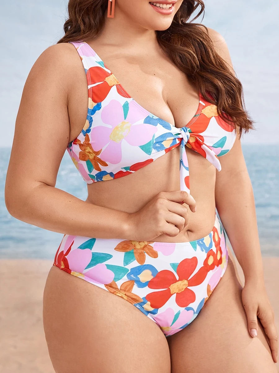 2026 Large Plus Size Bikinis Printed Bowknot Swimsuit Women High Waist Swimwear Female Bathers Bathing Swimming Swim Suit