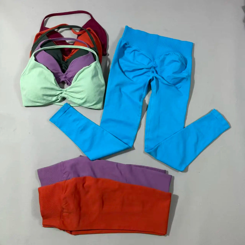 UETEEY Set For Woman Strappy Yoga Bra Sports Top Workout Leggings Set Seamless Gym Set Fitness Clothes Outfit Activewear