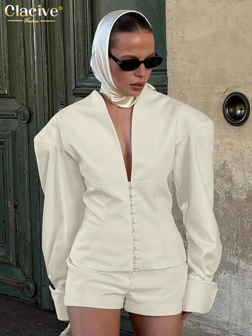 Clacive Fashion Loose Beige Women's Two Pieces Set 2025 Sexy Long Sleeve Shirt With High Waist Shorts Set Female Streetwear Secondary image