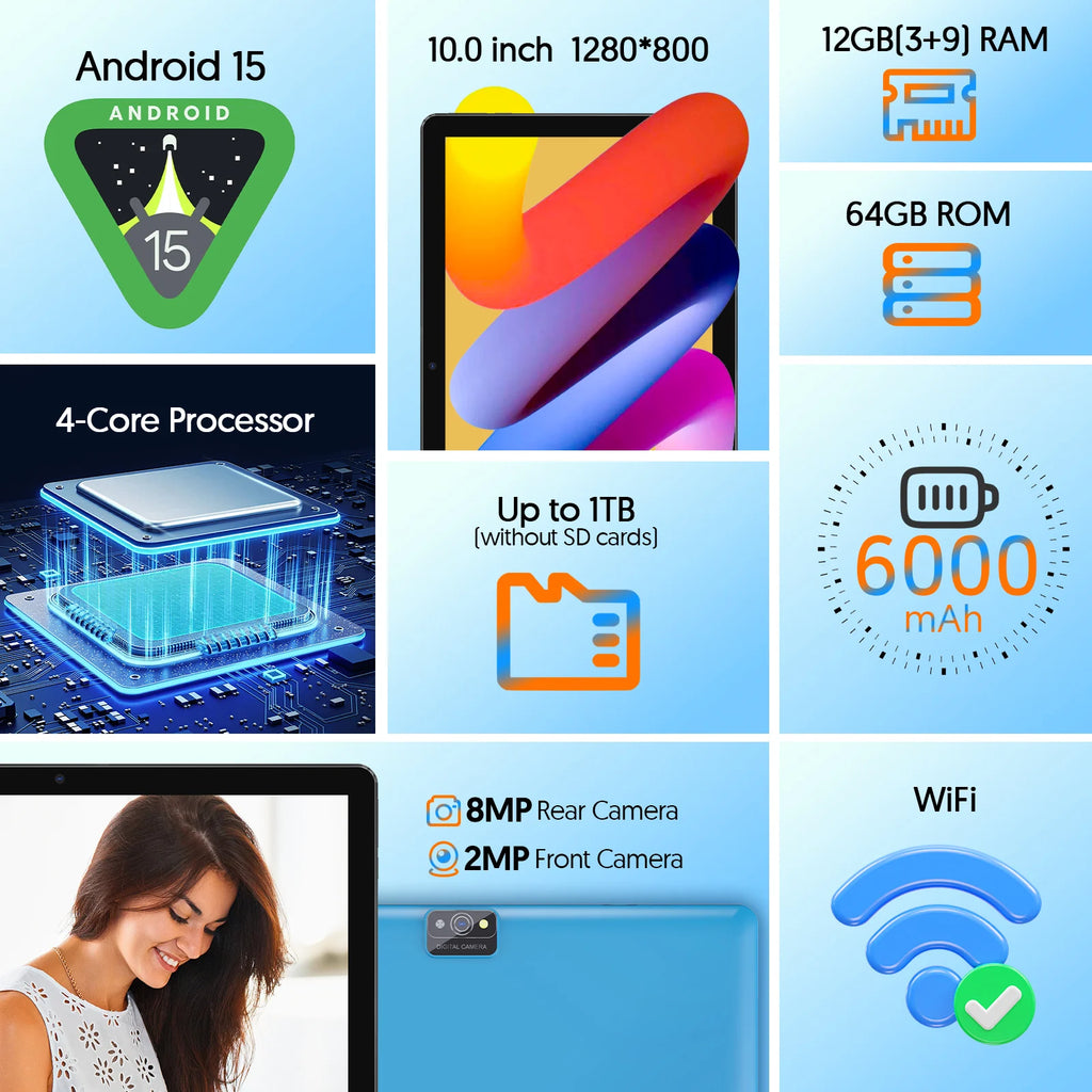 Android 15 Tablet, 10.0-inch screen, quad-core processor, 12GB RAM (3GB+9GB), 64GB storage, 2MP+8MP dual cameras，6000mAh