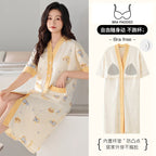 SUKAE Midi Nightdress M-5XL V-neck Bra Padded Botton Sleepshirt Plus Size Cotton Nightgowns Summer Women Short Sleeves Nightgown