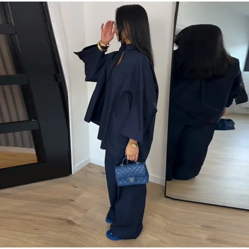 Women Solid Lapel Full Sleeves Pant Suits Chic Single Breasted Wide-leg Long Pants Sets 2026 Lady  Casual Daily Loose Fit Outfit