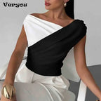 Sexy Short Sleeve Shirt Women Off Shoulder Patchwork Color Basic Tops Woman Summer Blouses Female Elegant Shirt