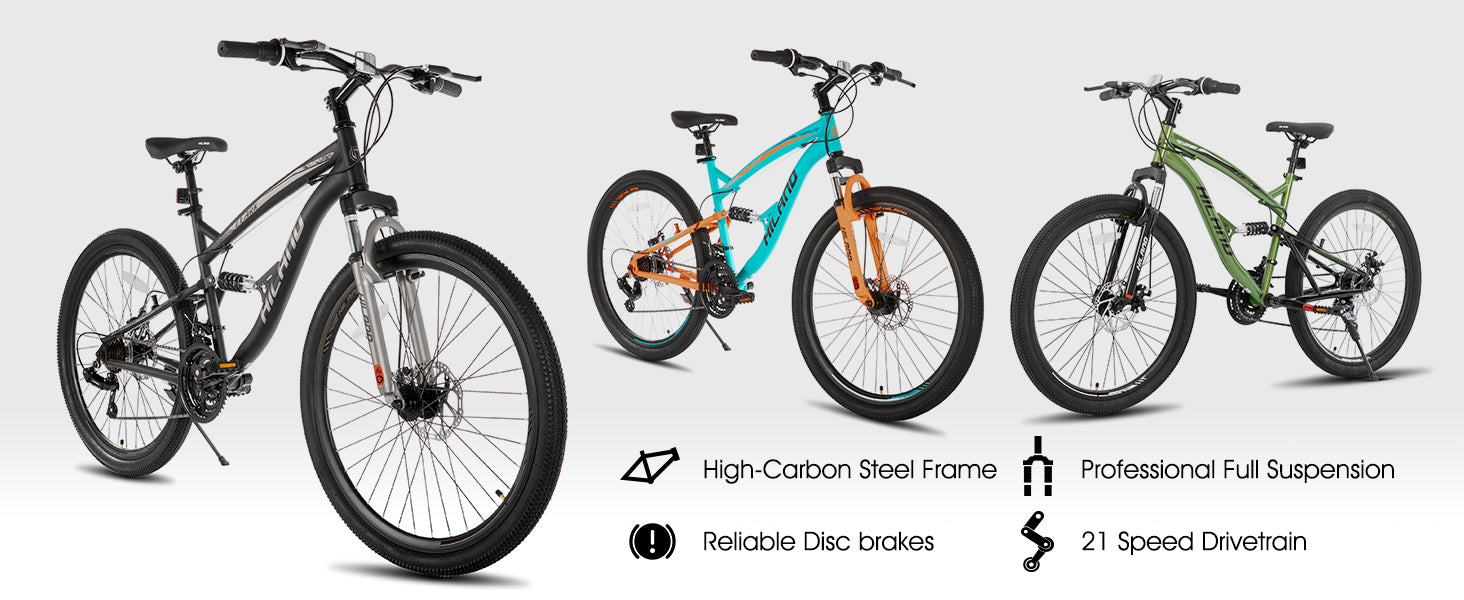 Hiland Full Suspension Mens Mountain Bike, 21 Speed, 26 Inch Wheel, Dual Disc Brake Bike for Men Womens Adult Bicycle