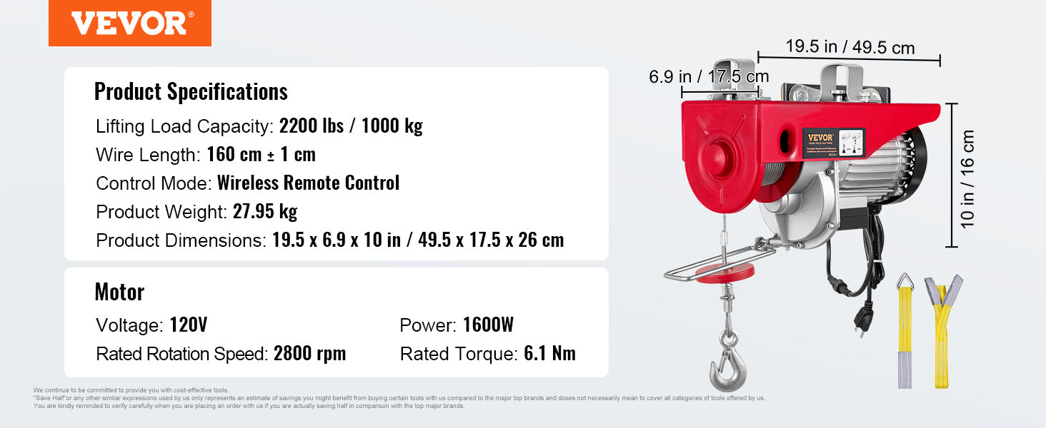 VEVOR 1320/1760/2200 lbs Electric Cable Hoist Winch with Wireless Remote Control & Emergency Stop for Garage Warehouse Lifting
