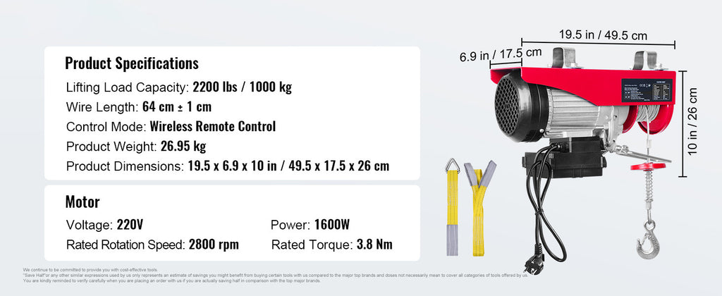 SucceBuy 1320-2200 lbs Wireless Electric Hoist with 40ft Single Cable Lifting Height Steel Wire Winch Garage Warehouse Factory