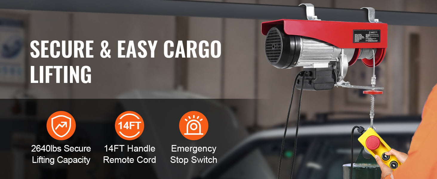 SucceBuy 2640Lbs Electric Hoist Winch 230V with 14ft Wired Remote Control 40ft Single Cable Lifting Height Lift Hoist for Garage