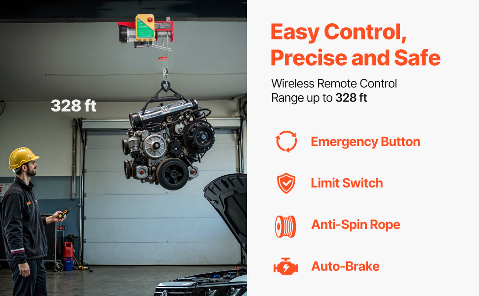 VEVOR 1320/1760/2200 lbs Electric Cable Hoist Winch with Wireless Remote Control & Emergency Stop for Garage Warehouse Lifting